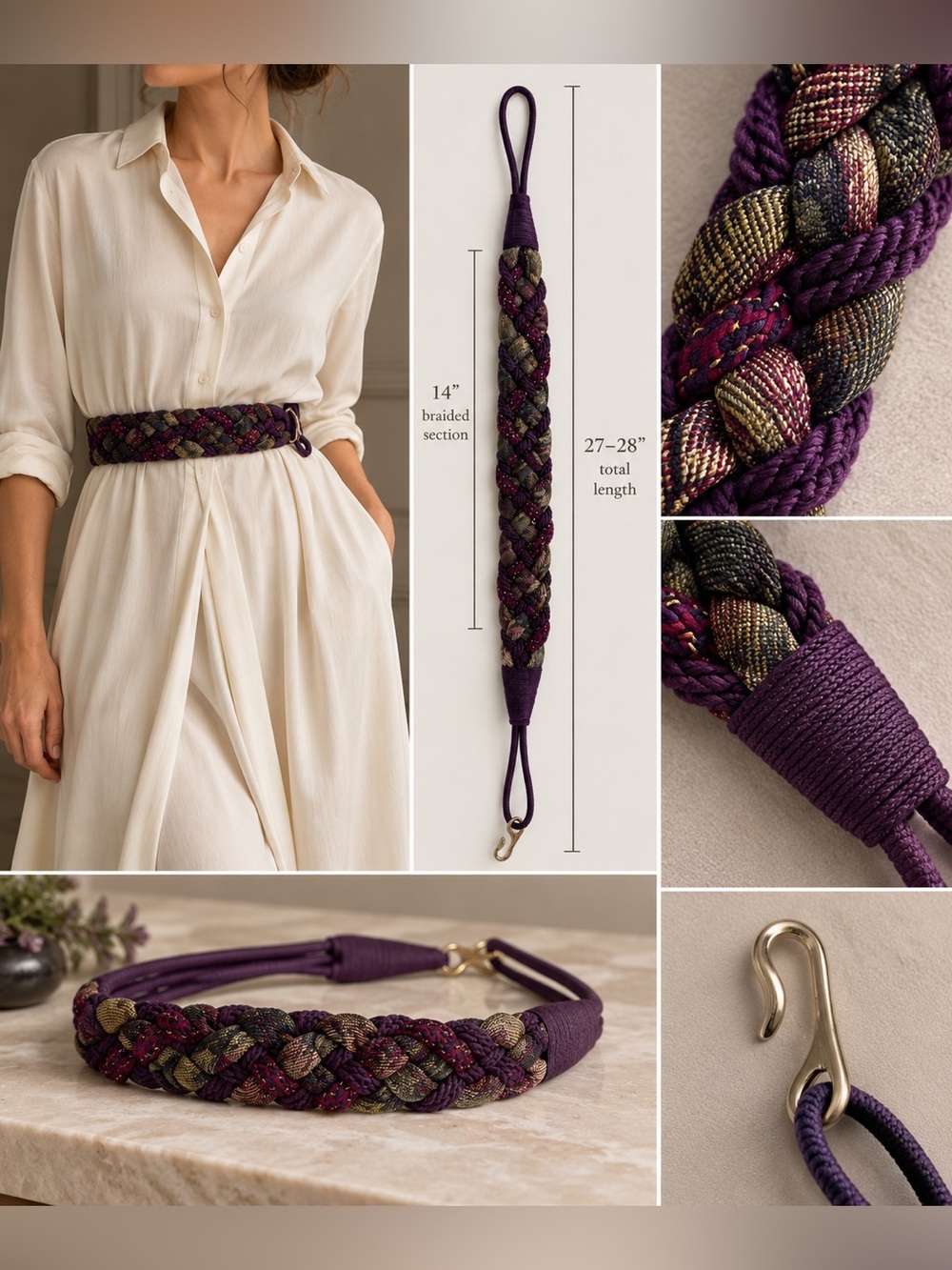 Braided Cord Statement Waist Belt Purple Metallic Multicolor Hook Closure